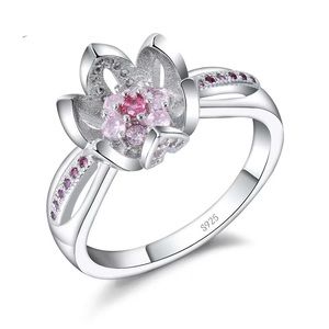 Romantic Pink CZ Sterling Silver Lotus Flower Ring